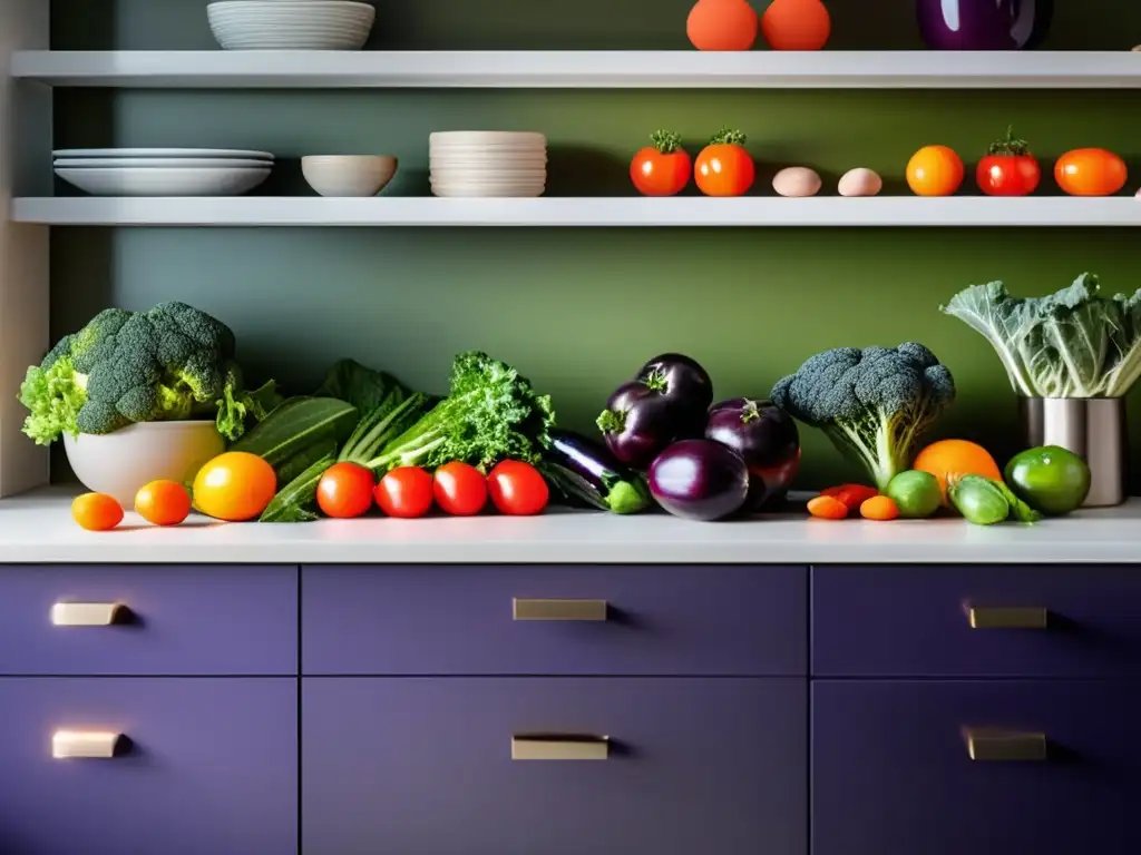 Una fila de vegetales frescos y coloridos en una cocina moderna y serena. Destacando la importancia de una dieta cetogénica.