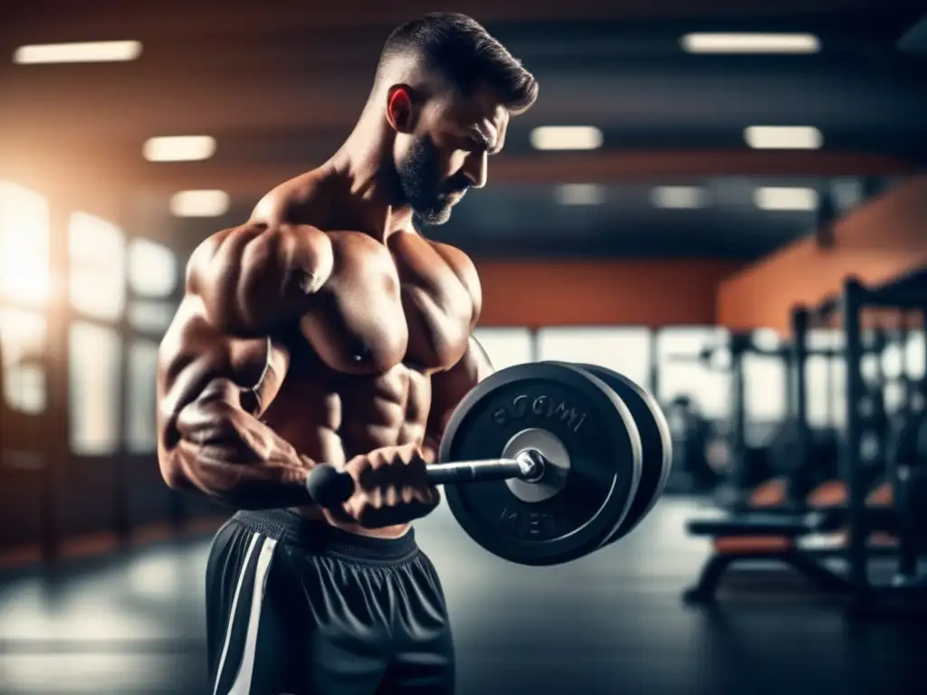 Un fisicoculturista levanta pesas en un gimnasio moderno, destacando sus músculos definidos. <b>La iluminación dramática resalta su concentración.</b> El ambiente evoca la dedicación y enfoque necesarios para la construcción de músculo en dieta cetogénica.