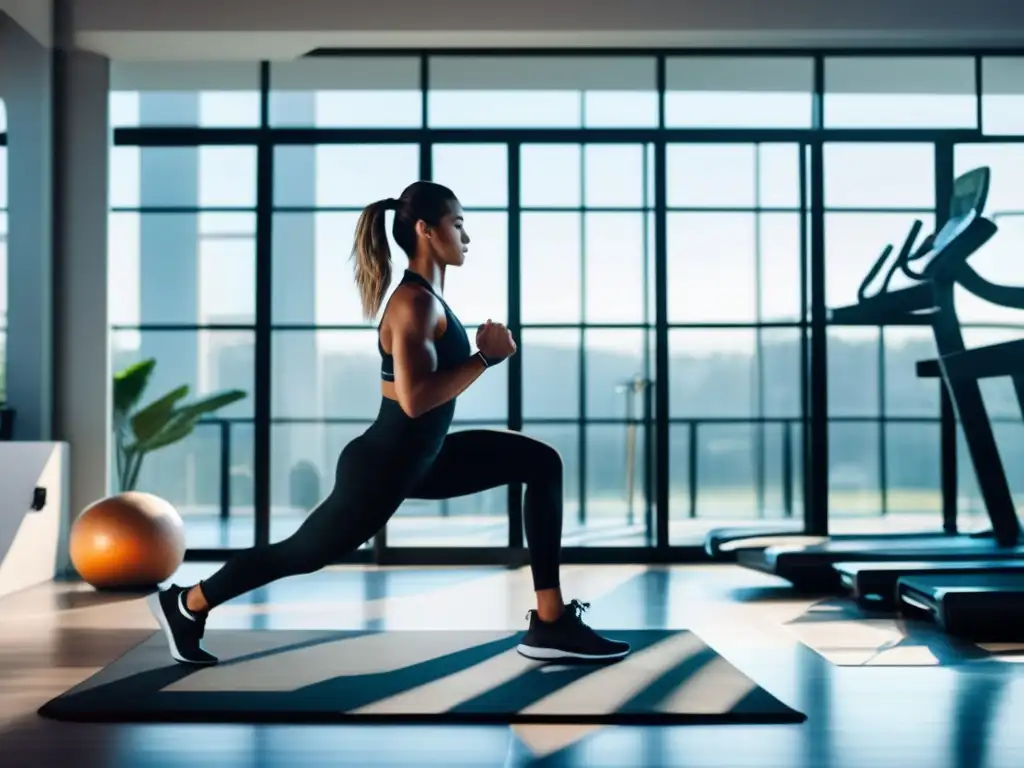 Un gimnasio moderno y sereno con amplias ventanas que dejan entrar la luz natural. <b>Equipado con máquinas de ejercicio de última generación y decoración minimalista.</b> <b>En el centro, una persona realiza ejercicios de bajo impacto con determinación.</b> El ambiente es tranquilo y acogedor, con una paleta de colores