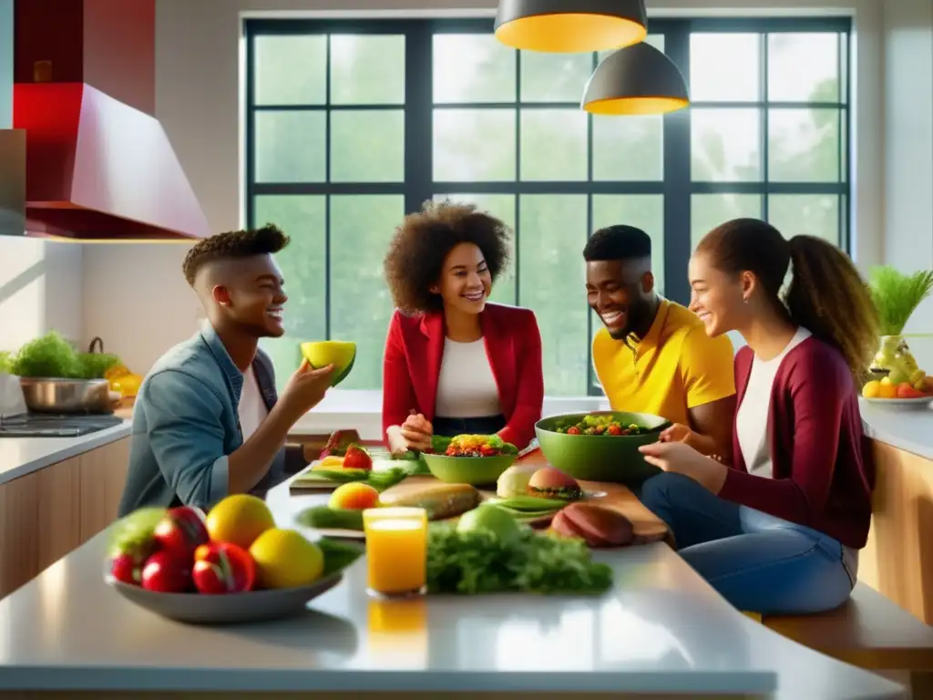 Un grupo de adolescentes prepara y disfruta de comidas cetogénicas en una cocina moderna y luminosa, mostrando una dieta cetogénica en adolescentes como algo social y saludable.