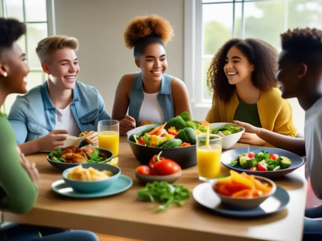 Un grupo de adolescentes sonrientes disfruta de una comida cetogénica colorida y nutritiva en un ambiente cálido y acogedor, mostrando los beneficios de la dieta cetogénica en adolescentes.