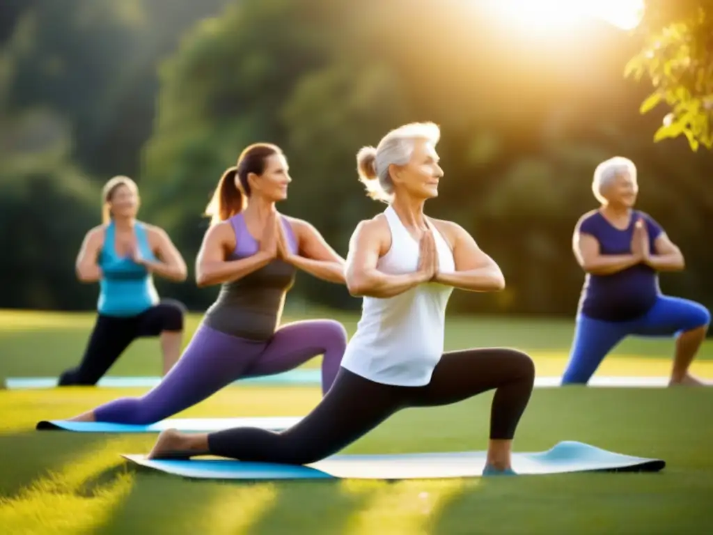 Un grupo de adultos de mediana edad practica yoga, pilates y caminatas en un entorno sereno y soleado, mostrando vitalidad y bienestar. Refleja la aplicación práctica de la dieta cetogénica para un envejecimiento saludable.