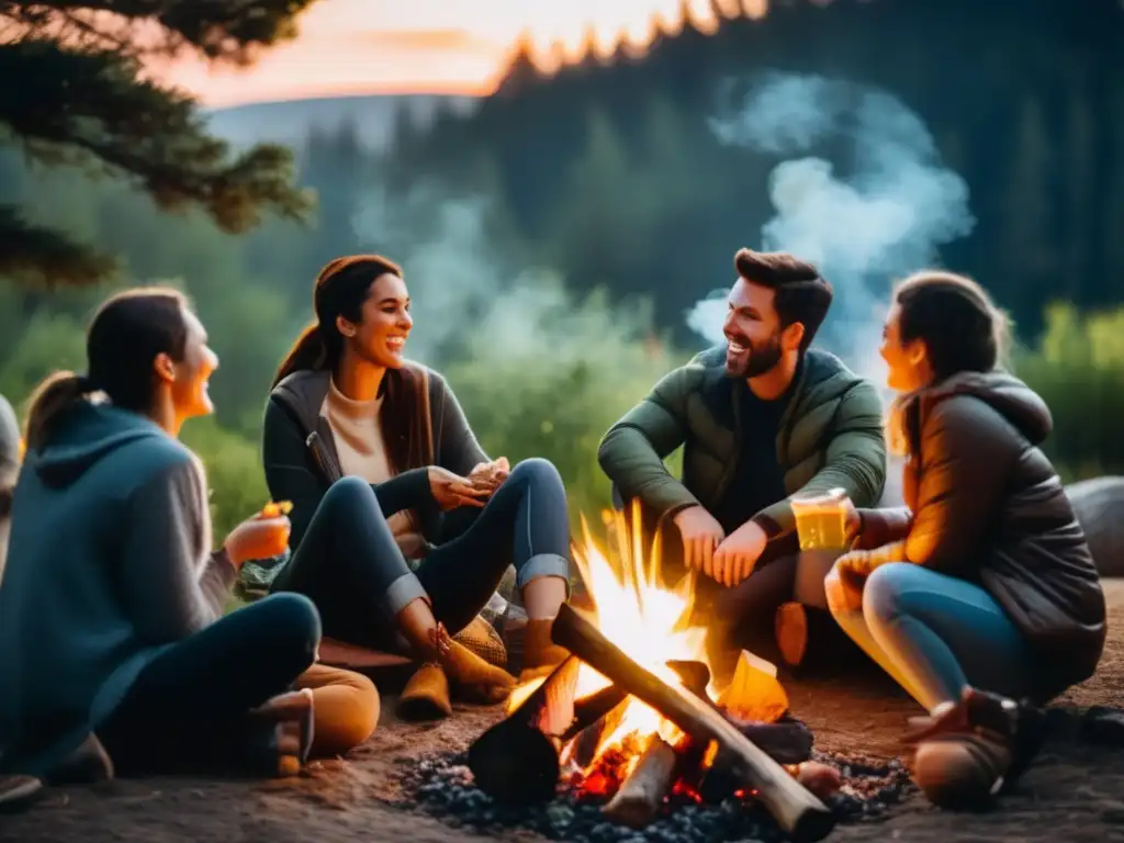 Un grupo de amigos disfruta de alimentos cetogénicos para camping alrededor de la fogata, bajo un cielo estrellado.