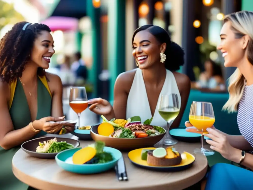 Un grupo de amigos disfrutando de deliciosos platillos cetogénicos en un restaurante al aire libre, con estrategias sociales dieta cetogénica.