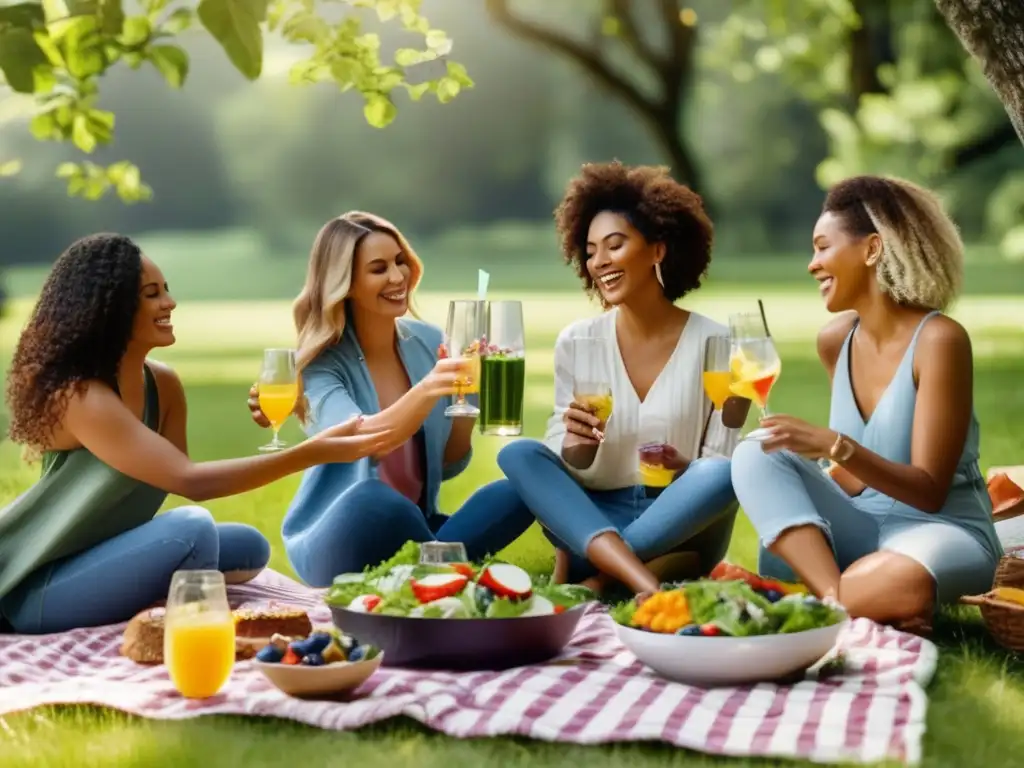 Un grupo de amigos disfruta de un picnic cetogénico al aire libre con recetas deliciosas, rodeados de naturaleza serena y exuberante.