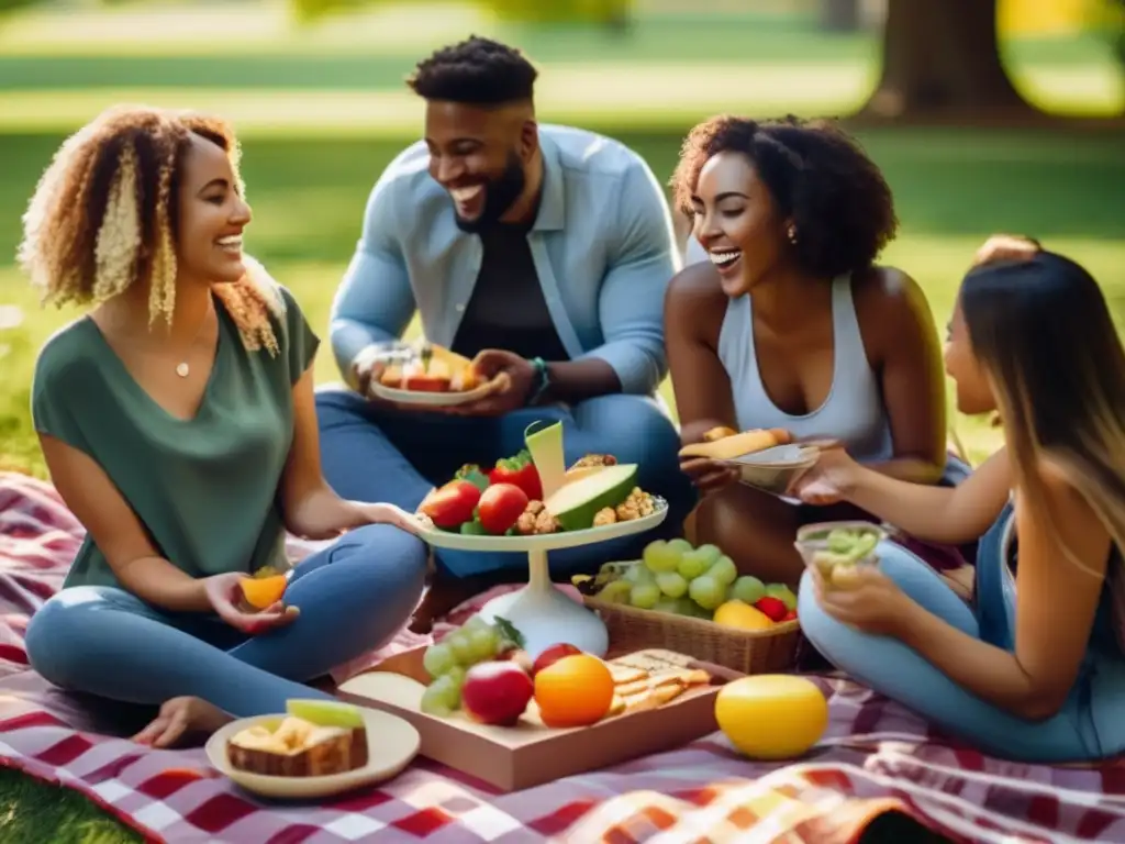 Un grupo de amigos disfruta de un picnic en un hermoso parque con comida cetogénica, creando un impacto positivo en la vida social.