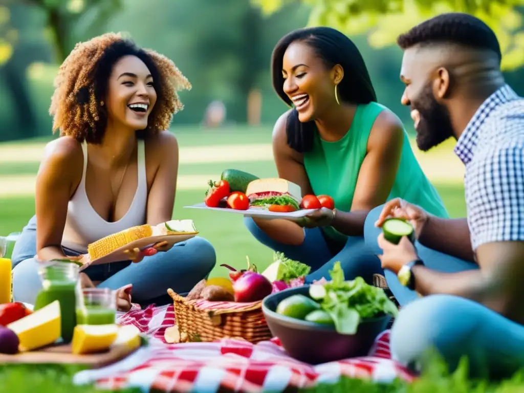 Un grupo de amigos disfruta de un picnic en el parque con alimentos cetogénicos, creando un ambiente cálido y de apoyo mutuo en su estilo de vida.