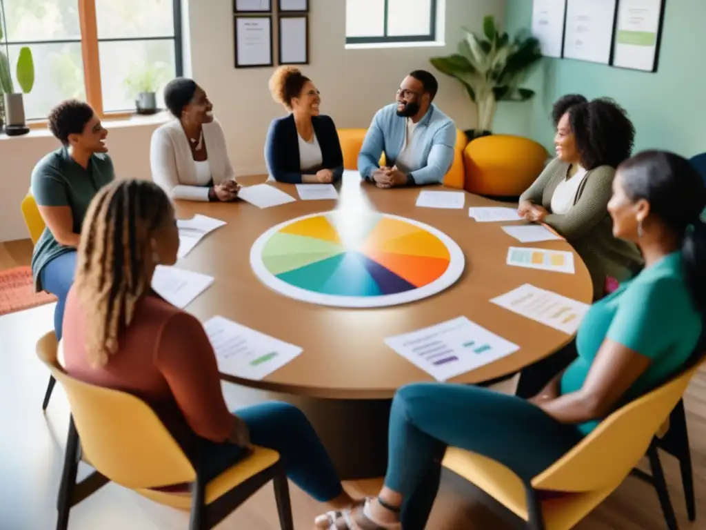 Un grupo de apoyo acogedor y diverso discute la dieta cetogénica para condiciones específicas, en un espacio moderno y luminoso.