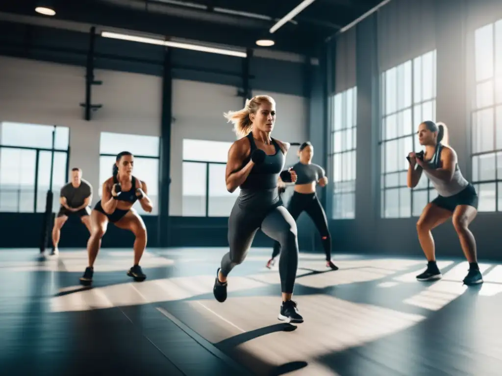 Un grupo de atletas realizando entrenamiento funcional de alta intensidad en un gimnasio industrial, mostrando fuerza y agilidad en ejercicios de Crossfit. El gimnasio tiene una iluminación natural que crea sombras dramáticas en un entorno moderno con ladrillos expuestos y suelos de concreto