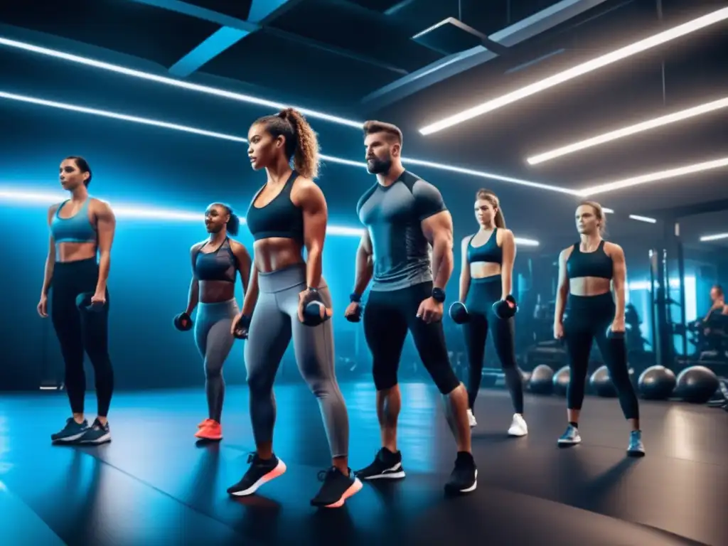 Un grupo de atletas en un gimnasio futurista realizando entrenamiento deportivo dieta cetogénica, mostrando determinación y enfoque en sus rostros mientras se esfuerzan al límite.