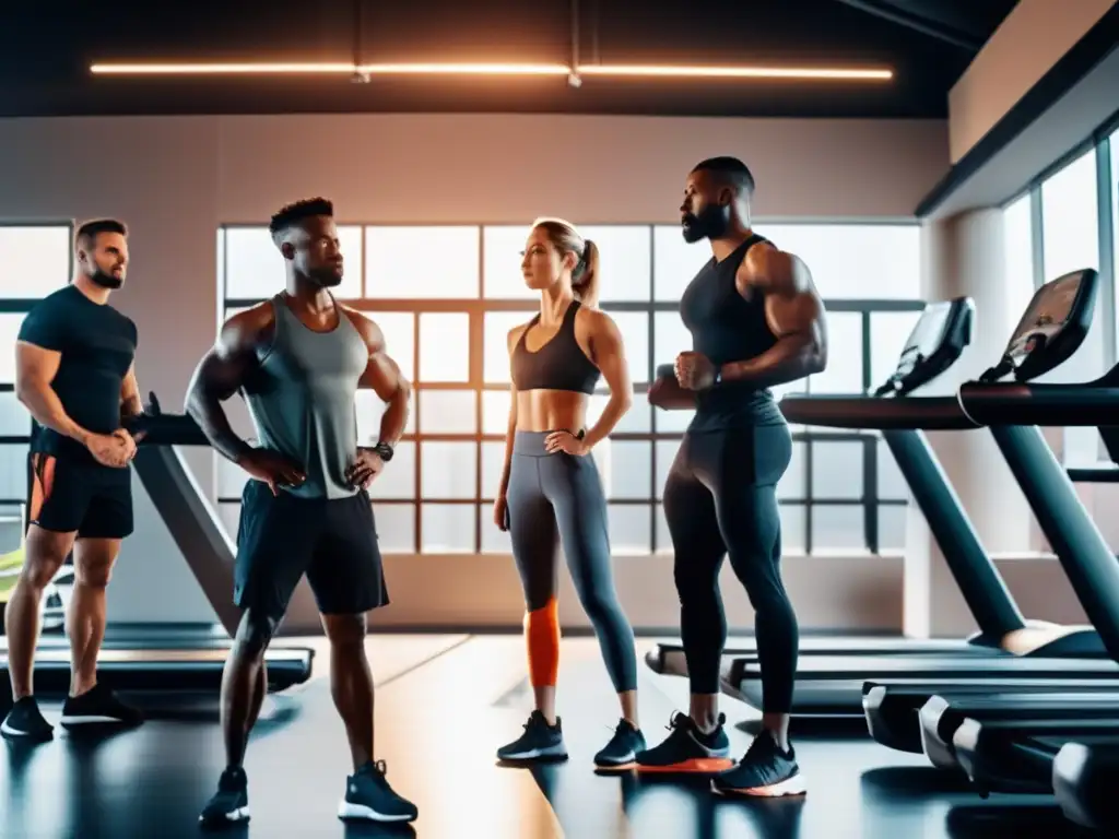 Un grupo de atletas principiantes en un gimnasio moderno, comprometidos con la adaptación a la dieta cetogénica.