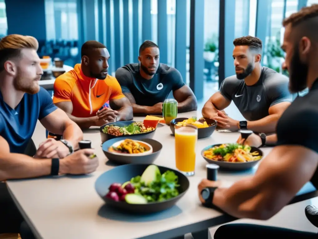 Un grupo de atletas profesionales se reúne en torno a una mesa de comida cetogénica, planeando su dieta para deportes de equipo.