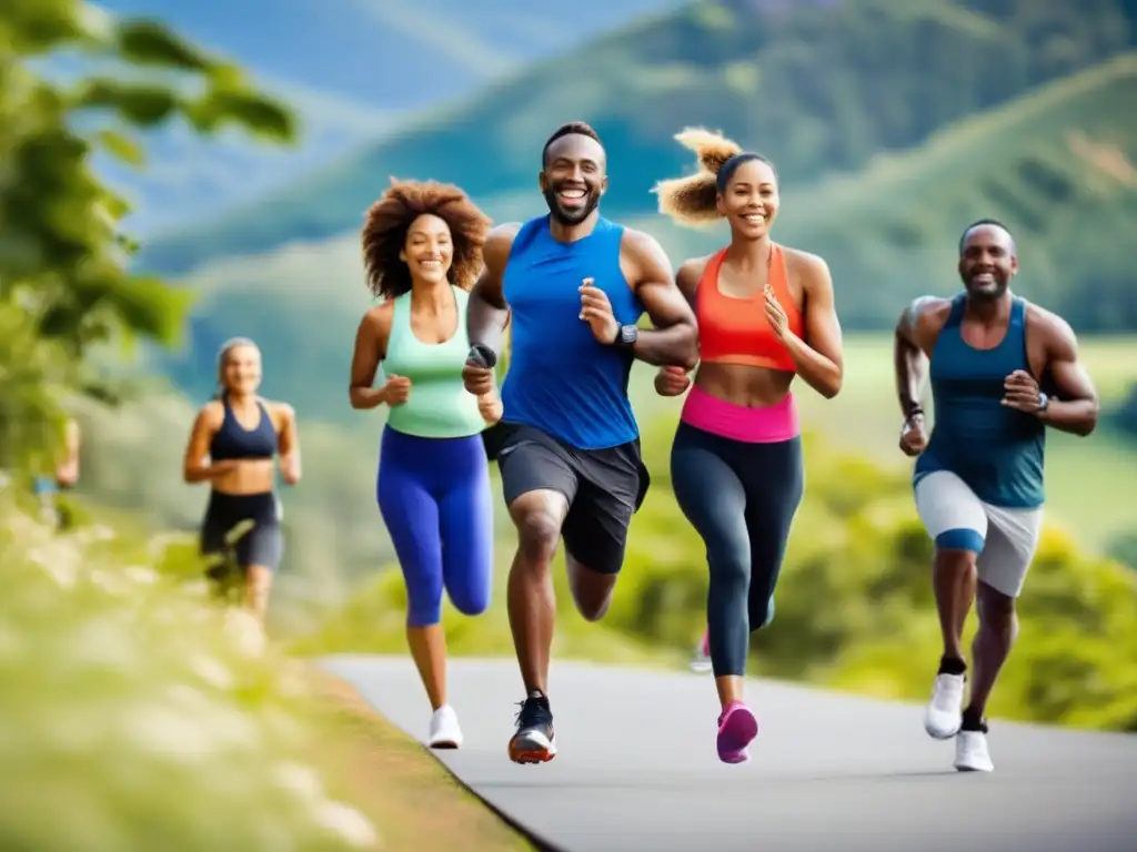 Un grupo diverso disfruta de actividades al aire libre como correr, andar en bicicleta y hacer yoga en un entorno natural. <b>Sus atuendos coloridos resaltan en el paisaje, transmitiendo vitalidad y energía.</b> Esta imagen refleja la positividad y la alegría del movimiento físico, perfecta para il