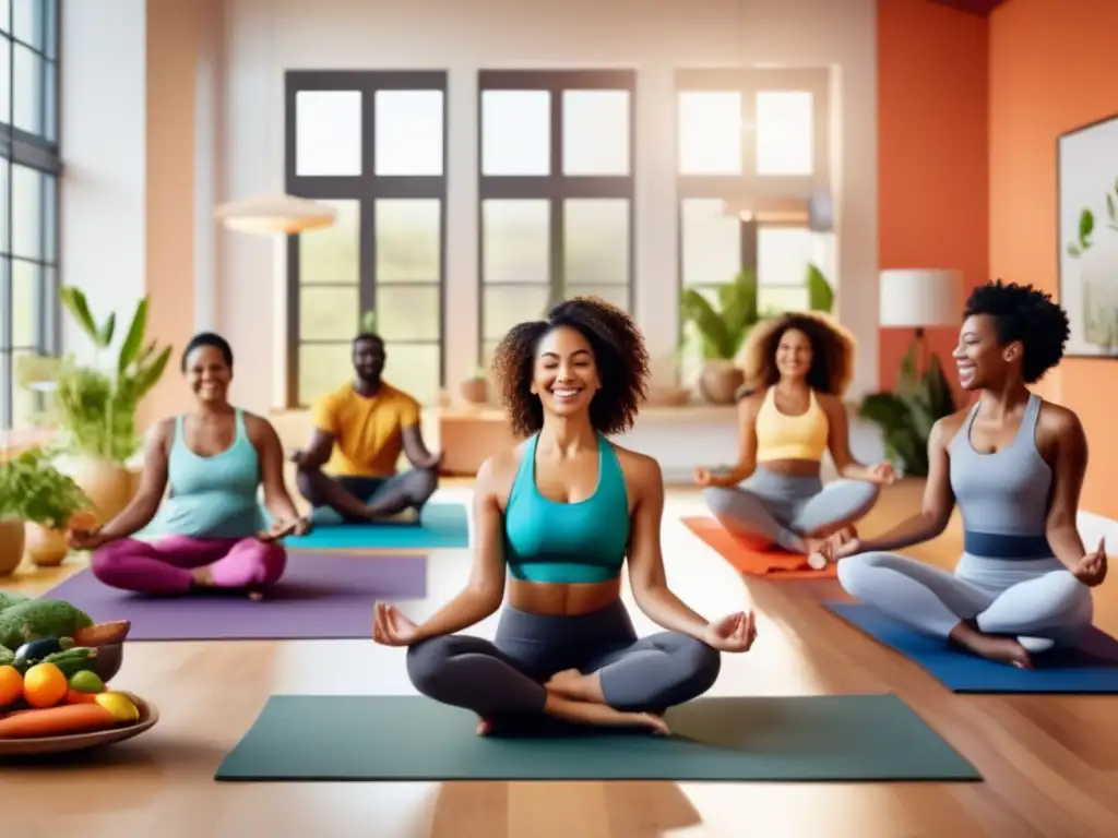 Un grupo diverso disfruta de actividades saludables como yoga, running y cocina juntos, en un ambiente cálido y vibrante que promueve la salud cardiovascular.