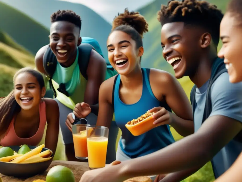 Un grupo diverso de adolescentes disfruta de actividades al aire libre y comidas cetogénicas, mostrando vitalidad y bienestar.