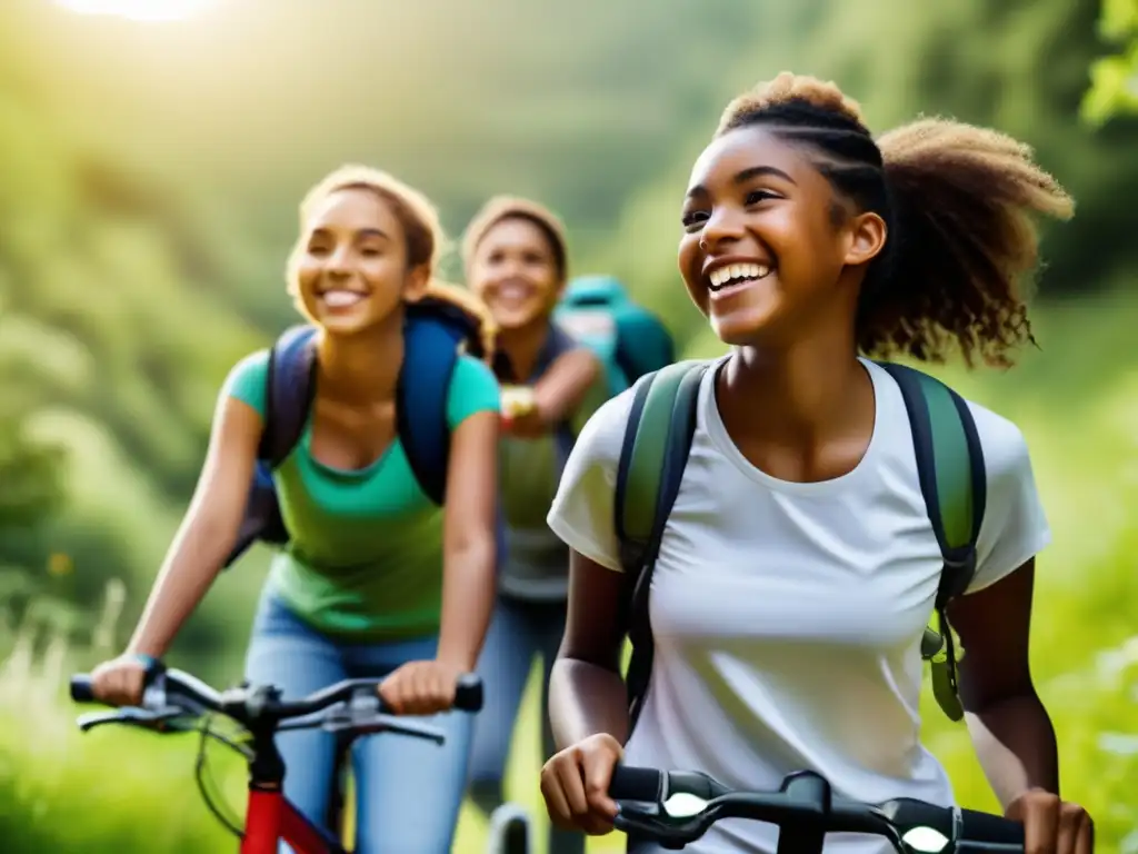 Un grupo diverso de adolescentes sonrientes disfrutan de actividades al aire libre como senderismo, ciclismo y deportes, en un entorno natural con vegetación exuberante y cielos despejados. Captura la energía y el estilo de vida saludable asociado con la adolescencia, destacando la importancia de la