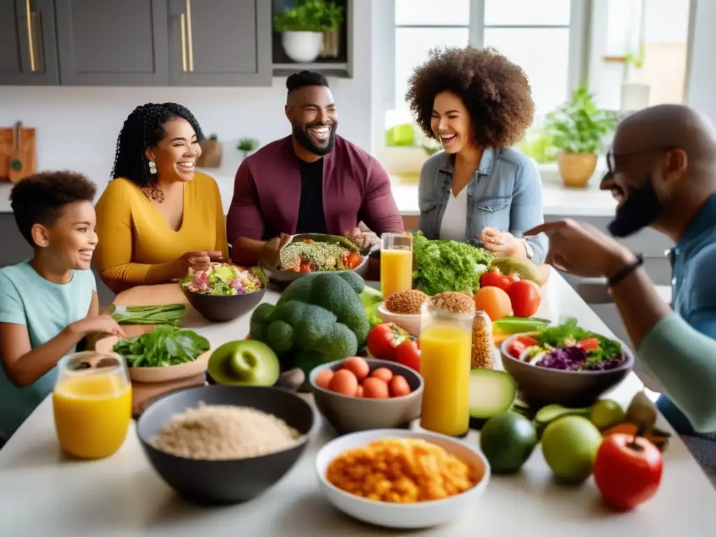 Un grupo diverso comparte alimentos cetogénicos en una cocina acogedora, creando comunidad y apoyo en la dieta cetogénica.