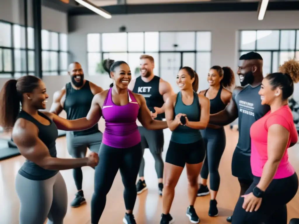 Un grupo diverso se une en círculo antes de empezar un desafío cetogénico en línea, irradiando determinación y camaradería en un gimnasio moderno y motivador.