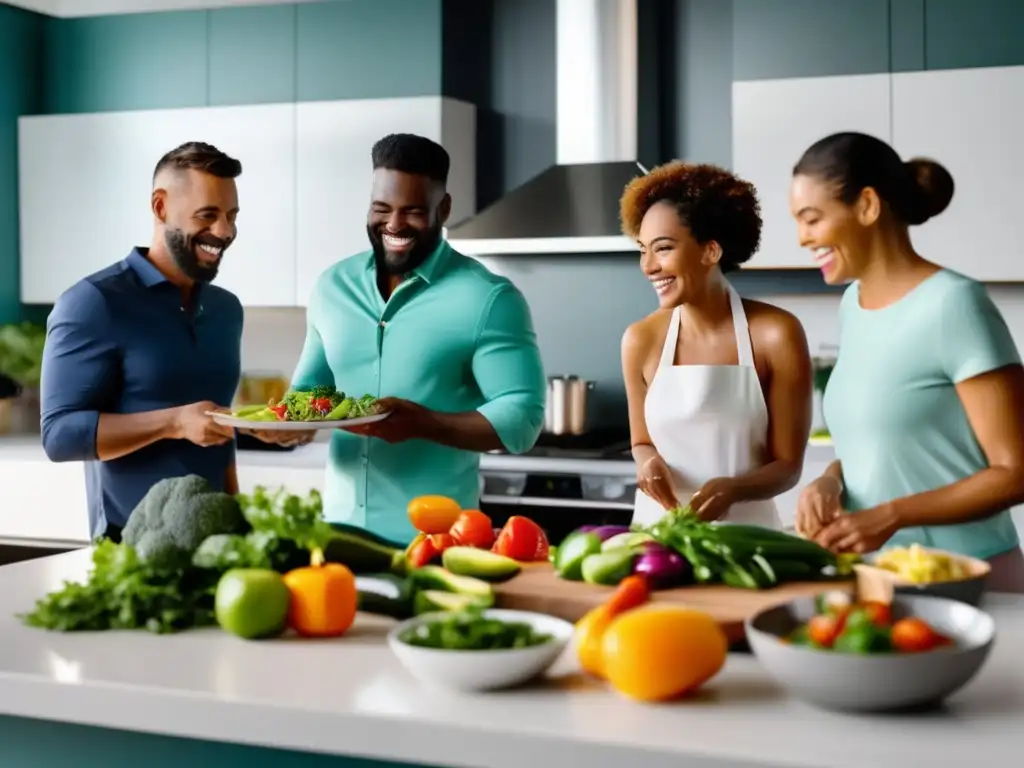 Un grupo diverso disfruta de una comida cetogénica en comunidad, mostrando apoyo y motivación en un ambiente cálido y acogedor.