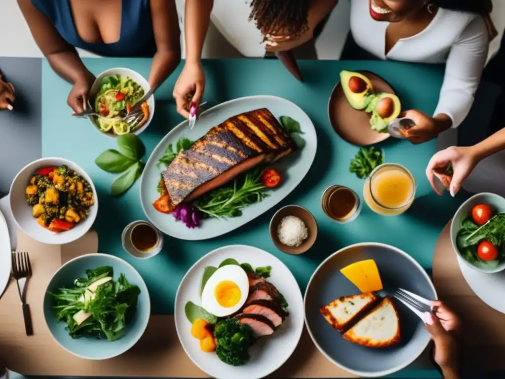 Un grupo diverso disfruta de una comida cetogénica, resaltando la importancia del apoyo social en dieta cetogénica.