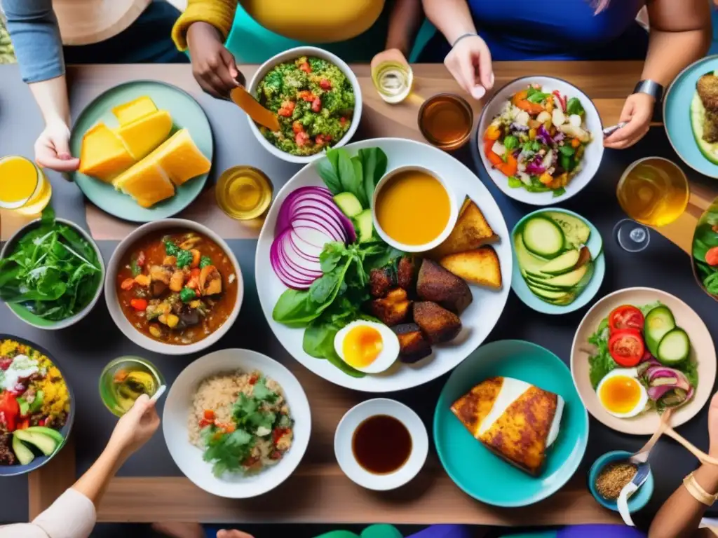 Un grupo diverso disfruta de una comida con platos cetogénicos de diferentes culturas, destacando la adaptación cultural de la dieta cetogénica.