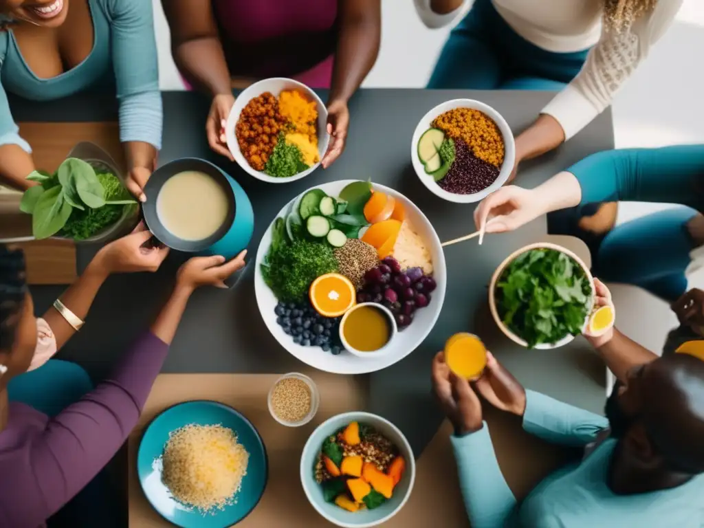 Un grupo diverso disfruta de una comida saludable y colorida en un ambiente cálido y acogedor, promoviendo perspectivas éticas de dieta cetogénica.