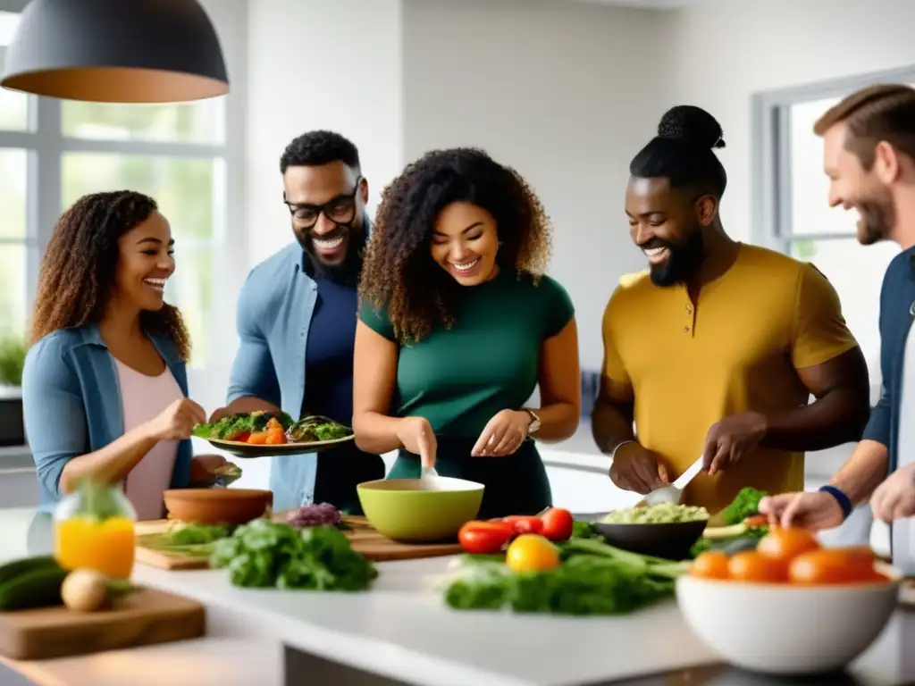 Un grupo diverso prepara y disfruta de comidas cetogénicas en una cocina moderna y luminosa, resolviendo dudas comunes dieta cetogénica.