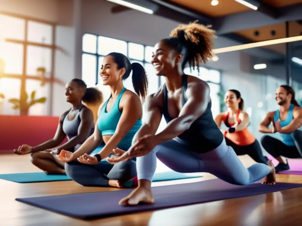 Un grupo diverso sonríe y se ejercita en un gimnasio moderno, reflejando el impacto positivo de la dieta cetogénica en su autoestima y vitalidad.