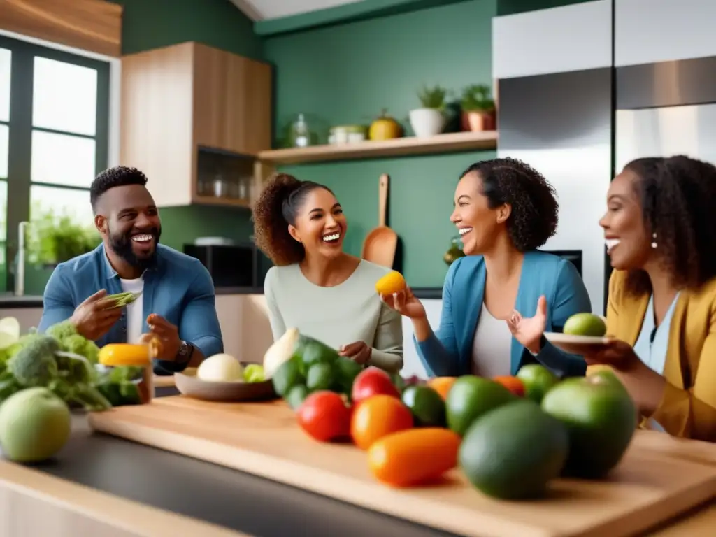 Un grupo diverso comparte historias inspiradoras en una cocina moderna, creando una atmósfera cálida y de apoyo en la comunidad cetogénica en línea.