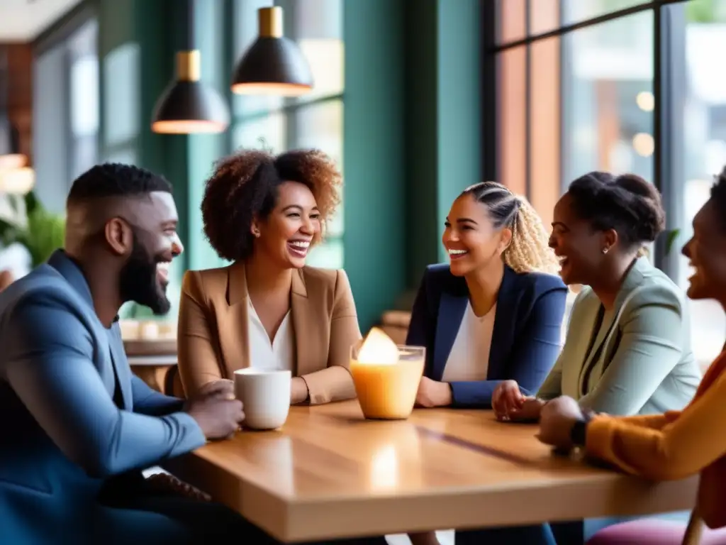 Un grupo diverso comparte historias inspiradoras de la comunidad cetogénica en línea en un café moderno y vibrante.