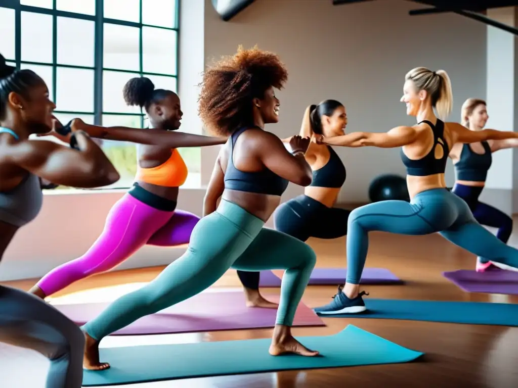 Un grupo diverso de mujeres activas disfrutan de una comida saludable después de hacer ejercicio, mostrando vitalidad y confianza. El ambiente es moderno y luminoso, promoviendo la dieta cetogénica y la salud hormonal femenina.