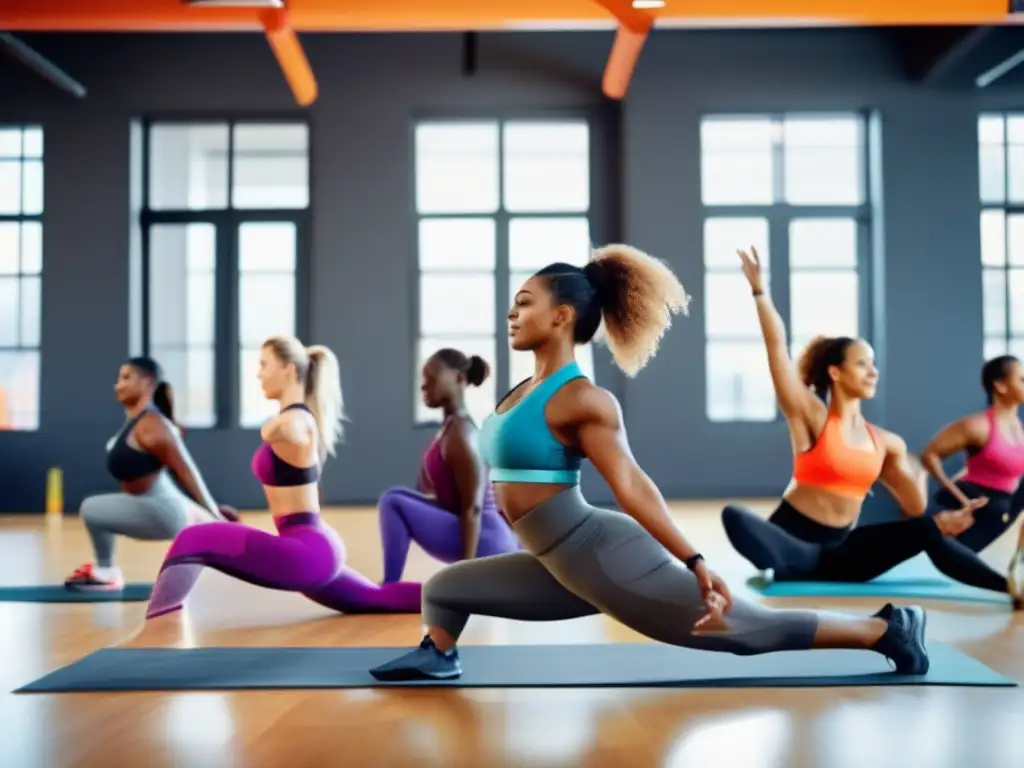 Un grupo diverso de mujeres activas en un gimnasio moderno, con equipamiento de última generación, mostrando confianza y determinación. Escena inspiradora para 'Suplementos para mujeres en dieta cetogénica'.