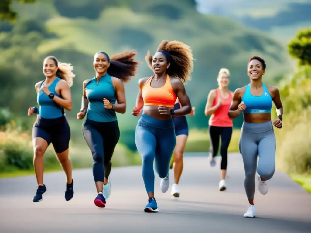 Un grupo diverso de mujeres activas disfruta de actividades al aire libre como correr, yoga y ciclismo, luciendo confiadas y fuertes con ropa deportiva moderna y colores vibrantes. <b>El fondo es exuberante y el cielo azul brillante.</b> Este retrato transmite empoderamiento, salud y bienestar