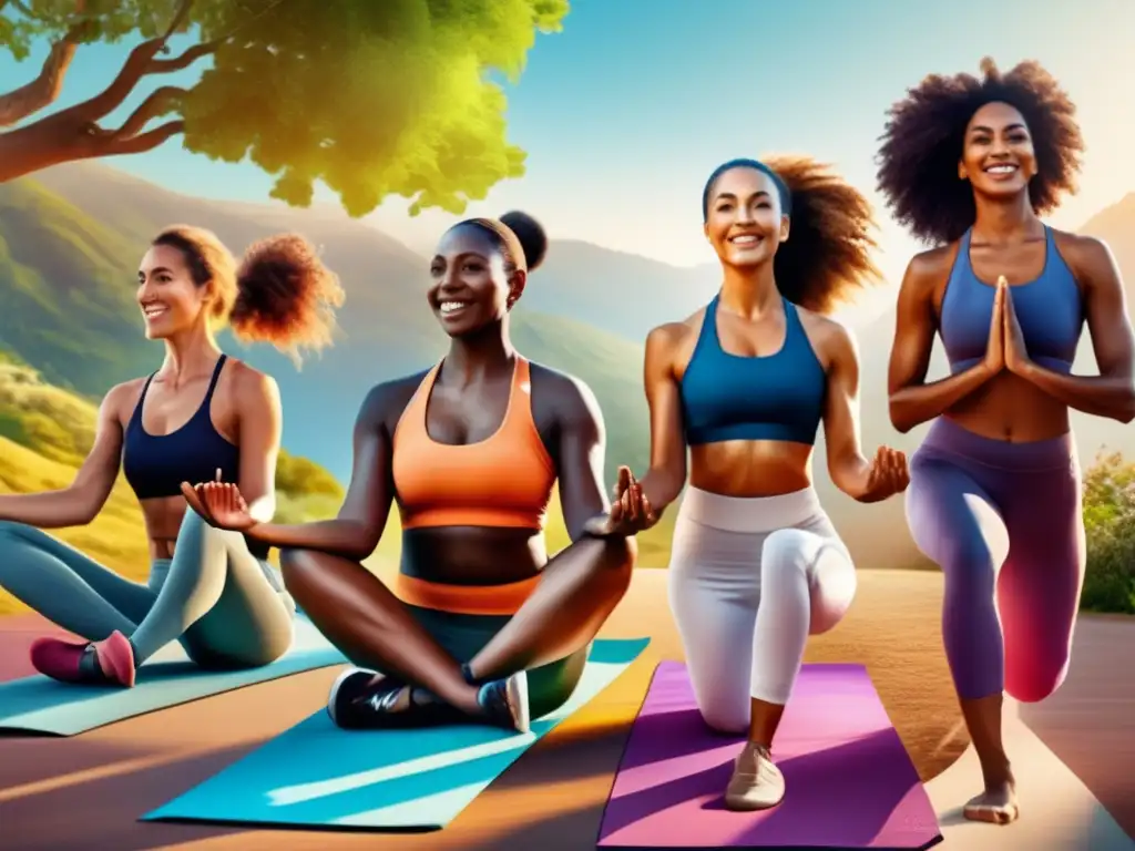 Un grupo diverso de mujeres disfruta de actividades al aire libre como yoga, running y ciclismo en un paisaje exuberante. <b>Transmitiendo vitalidad y bienestar, proyectan confianza y fortaleza.</b> La imagen captura la conexión entre la dieta cetogénica y la fertilidad, destacando el impacto positivo de un estilo