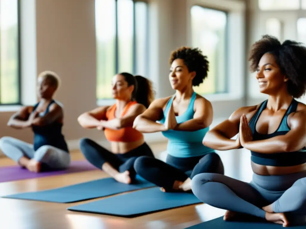 Un grupo diverso de mujeres se ejercita con determinación en una clase fitness, reflejando el poder y apoyo de la dieta cetogénica para aliviar el síndrome de ovario poliquístico.