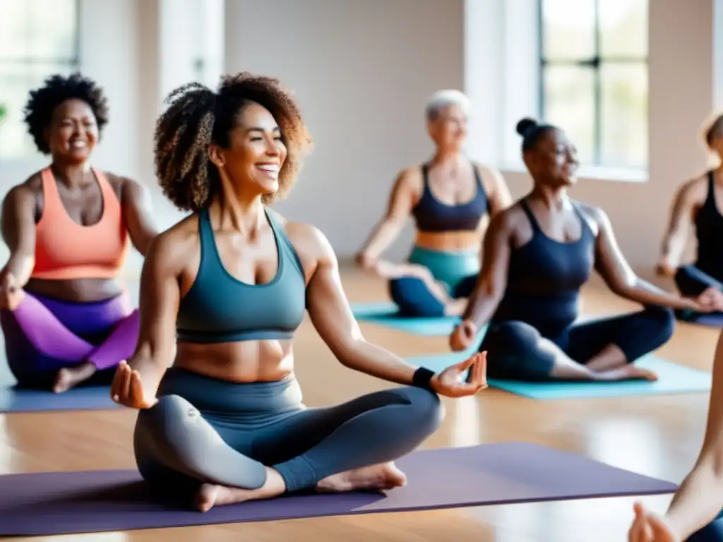 Un grupo diverso de mujeres de diferentes edades y etnias practican yoga en un estudio luminoso, con expresiones determinadas y positivas.</b> La imagen transmite energía y empoderamiento femenino, en sintonía con el mensaje del artículo sobre la dieta cetogénica para síndrome de ovario poliquístico.