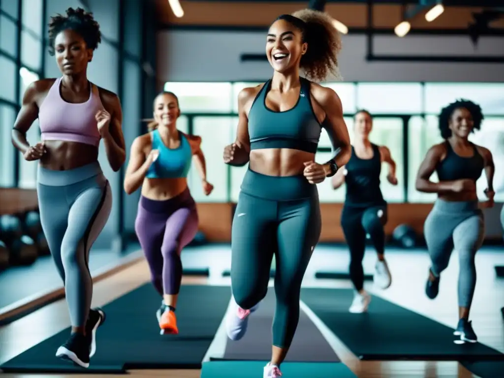 Un grupo diverso de mujeres se ejercita en un gimnasio moderno, reflejando la fuerza y la camaradería de la dieta cetogénica para SOP.