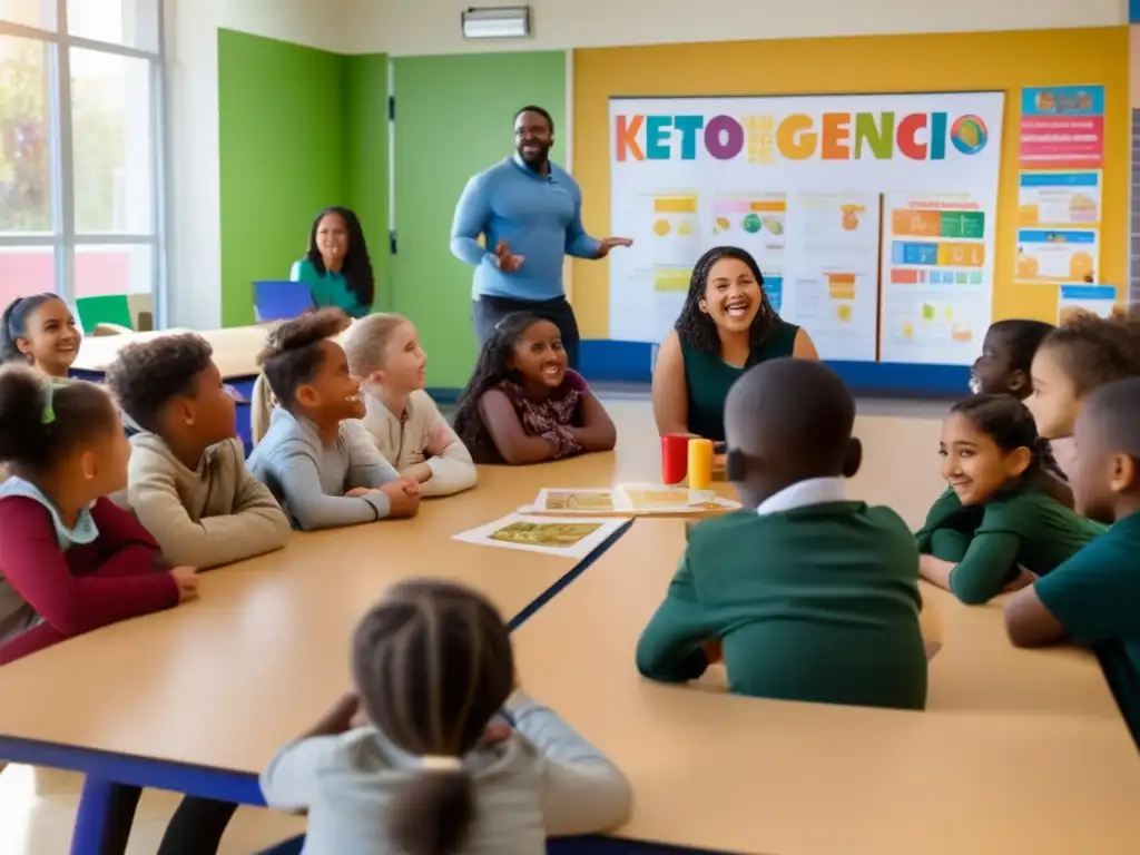 Un grupo diverso de niños y adolescentes participa activamente en una charla sobre la dieta cetogénica en un ambiente escolar acogedor y educativo.