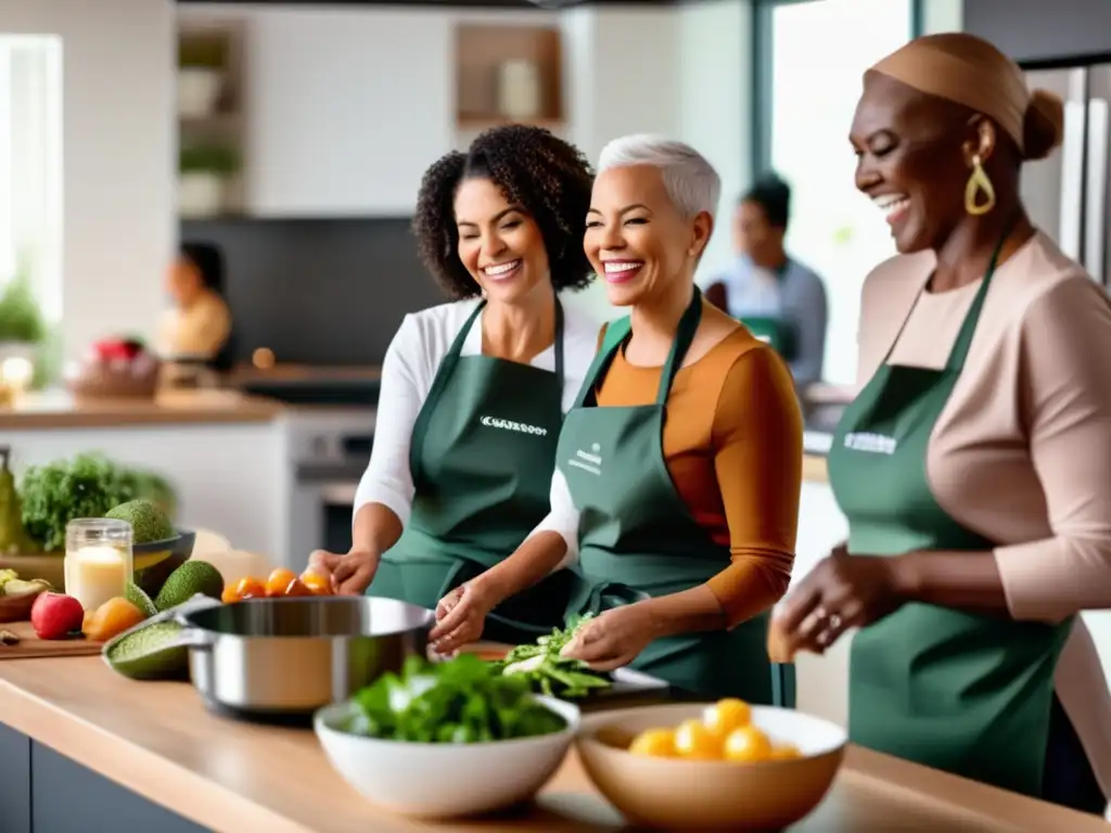 Un grupo diverso de pacientes con cáncer disfruta de una clase de cocina de dieta cetogénica, mostrando empoderamiento y camaradería en su viaje de tratamiento.