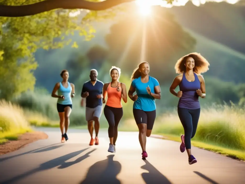 Un grupo diverso de personas participa en actividades físicas al aire libre, como correr, andar en bicicleta y yoga, en un entorno escénico. La imagen irradia vitalidad, determinación y apoyo comunitario, con colores vibrantes y una iluminación dinámica. Inspirando un sentido de salud,