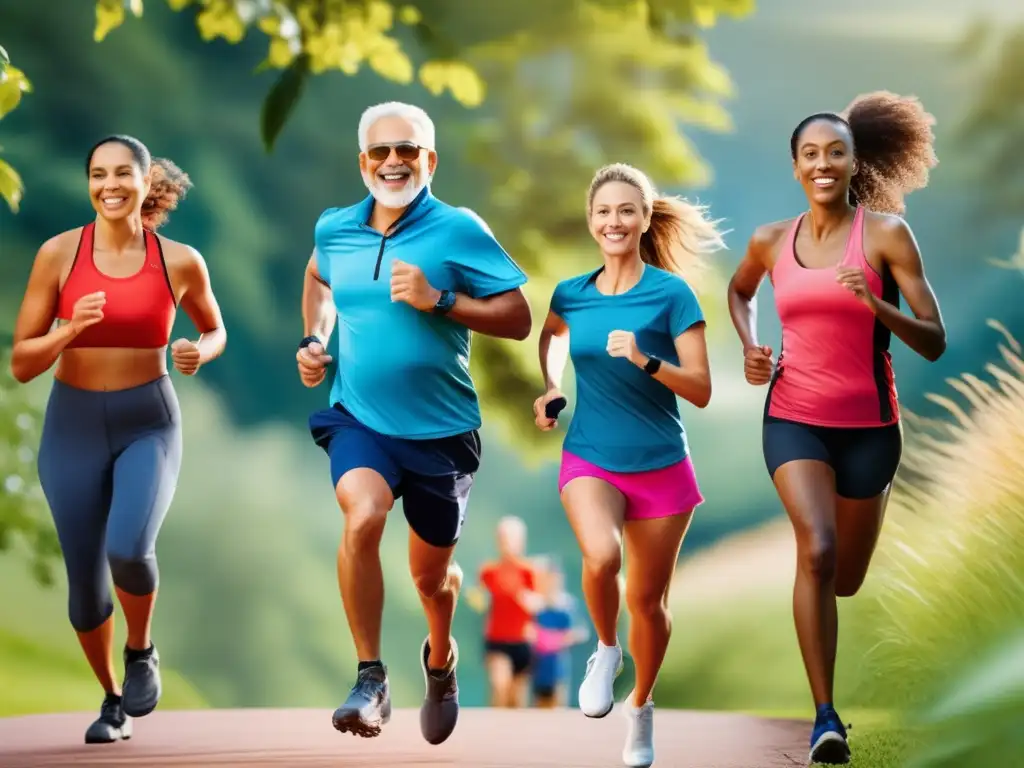 Un grupo diverso de personas disfruta de actividades cardiovasculares al aire libre, como correr, andar en bicicleta y hacer senderismo, en un entorno natural vibrante. La imagen transmite vitalidad y energía, promoviendo la salud cardiovascular y los efectos positivos de la dieta cetogénica.