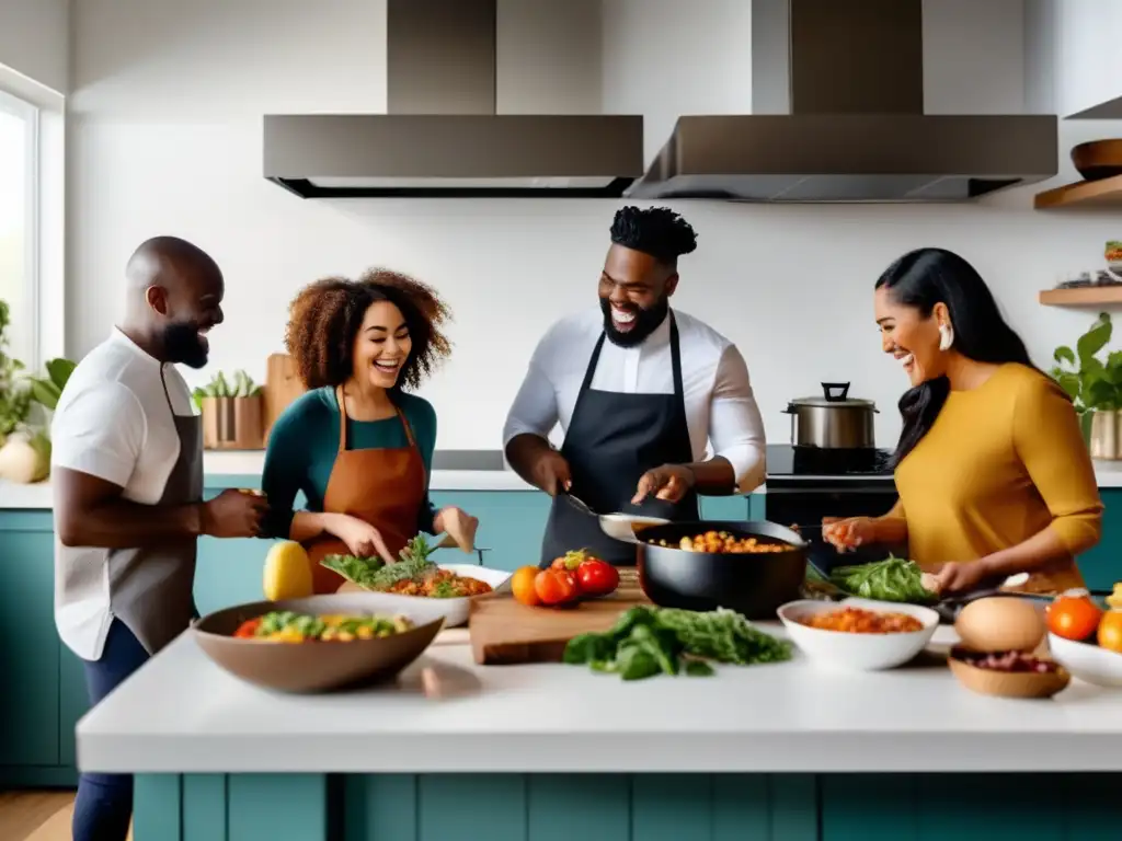 Un grupo diverso de personas disfruta de una comida cetogénica en una cocina moderna y elegante, creando historias inspiradoras dieta cetogénica.