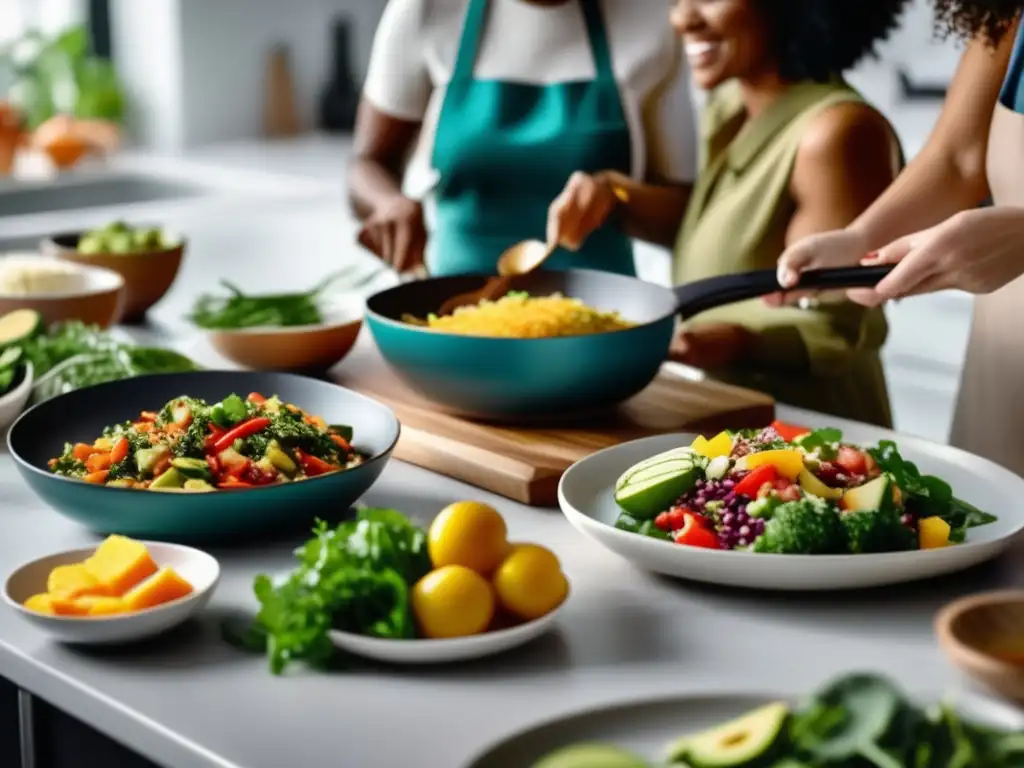 Un grupo diverso de personas prepara y disfruta de comidas cetogénicas coloridas en una cocina bien iluminada. Muestra la versatilidad y el atractivo de la dieta cetogénica para personas con trastornos digestivos.