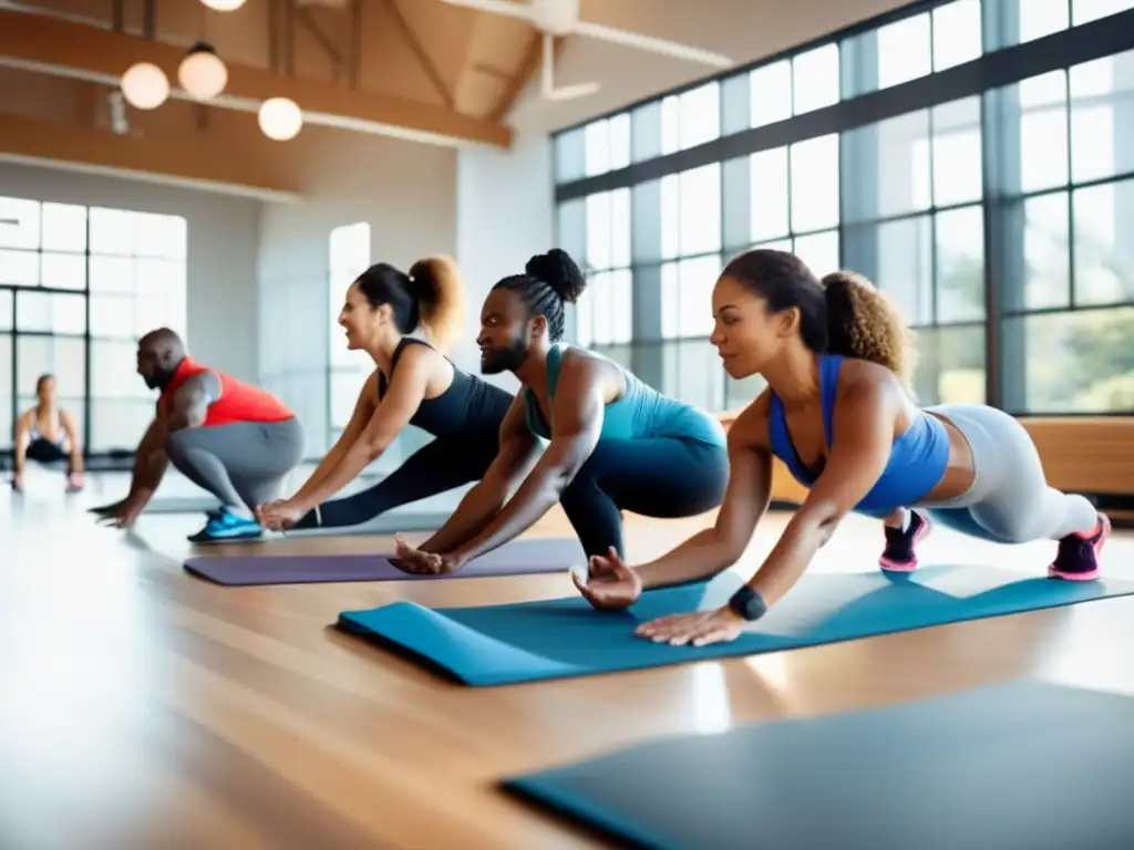 Un grupo diverso de personas se ejercita con determinación en un gimnasio moderno y luminoso. Captura la esencia de un estilo de vida activo y saludable, enfatizando la importancia de la adherencia a la dieta cetogénica para la sostenibilidad del bienestar.