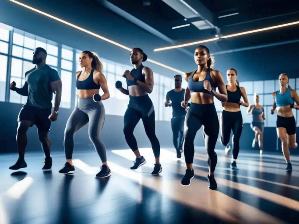 Un grupo diverso de personas realiza un intenso entrenamiento de alta intensidad en un moderno gimnasio futurista. La luz natural resalta sus expresiones determinadas y el movimiento dinámico de sus cuerpos. El escenario de alta tecnología y líneas limpias crea un telón de fondo visualmente impactante para la actividad fís