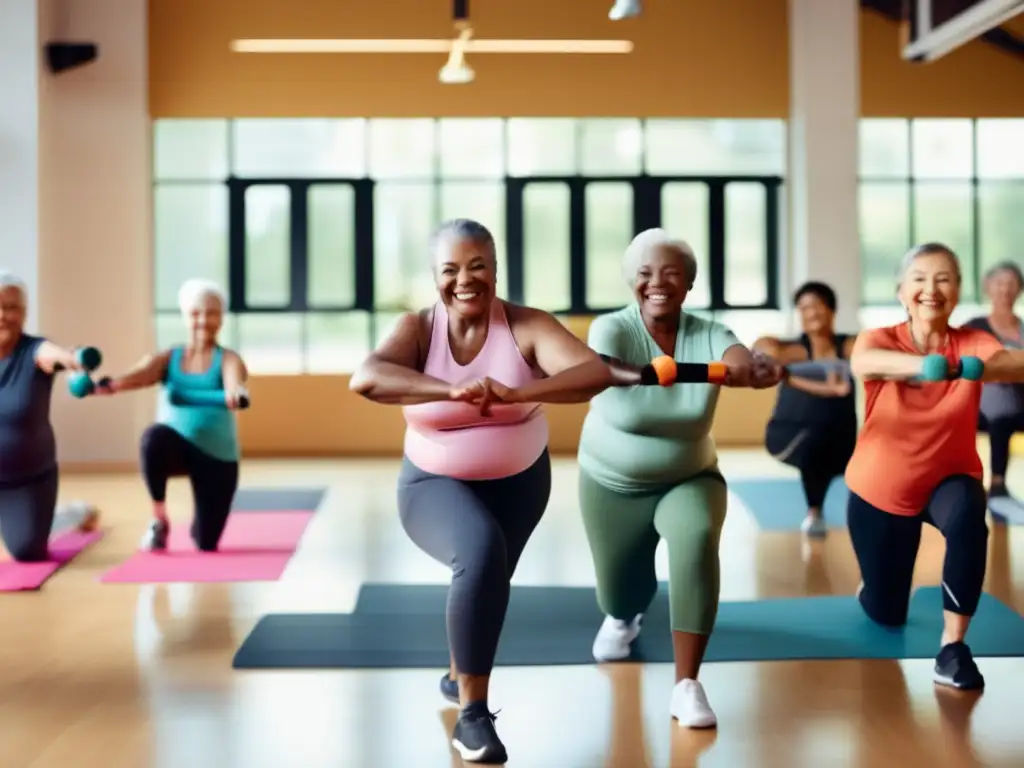 Un grupo diverso de personas mayores disfruta de un ejercicio de bajo impacto en un gimnasio luminoso y espacioso. <b>Se apoyan y sonríen mientras usan bandas de resistencia, colchonetas de yoga y pesas ligeras, promoviendo el envejecimiento activo y los beneficios potencia