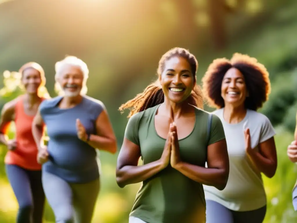 Un grupo diverso de personas sonríe mientras practican yoga al aire libre en un entorno exuberante. El impacto positivo de la dieta cetogénica en enfermedades crónicas se refleja en su vitalidad y bienestar.