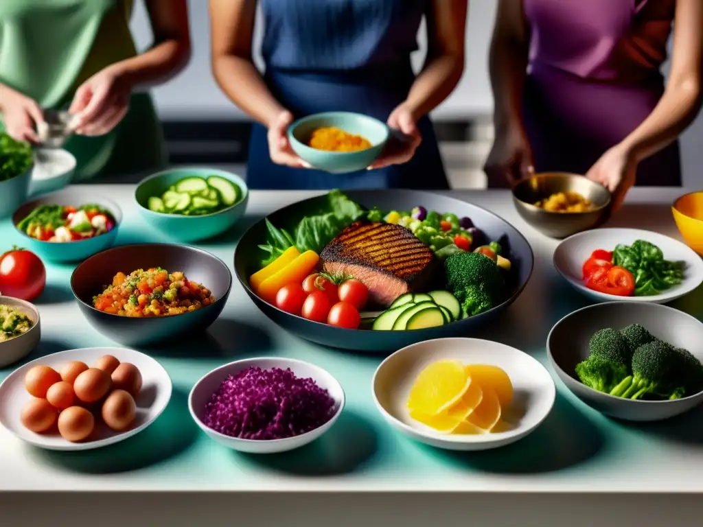 Un grupo diverso disfruta de platos cetogénicos en una cocina moderna. <b>Ambiente cálido y saludable.</b> Responsabilidad legal promoción dieta cetogénica