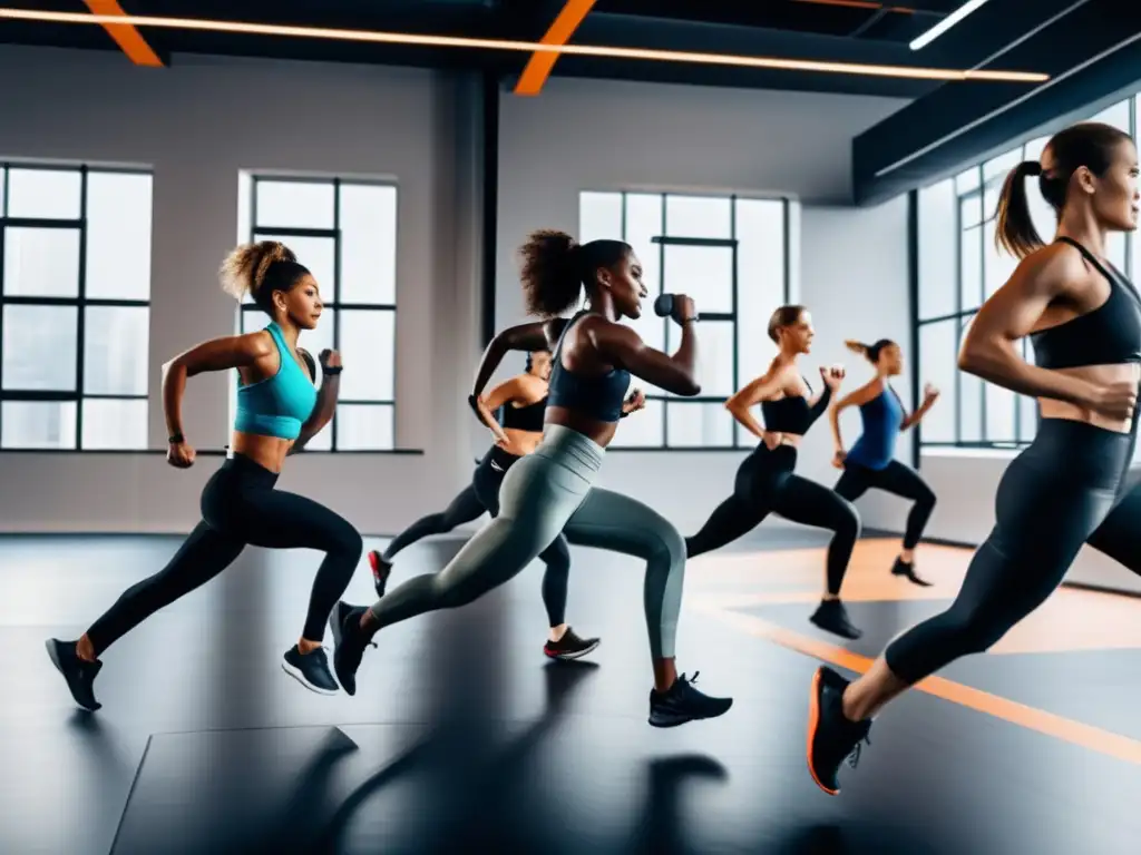 Un grupo enérgico realiza ejercicios para mantenerse en cetosis en un moderno gimnasio, transmitiendo dedicación y vitalidad.