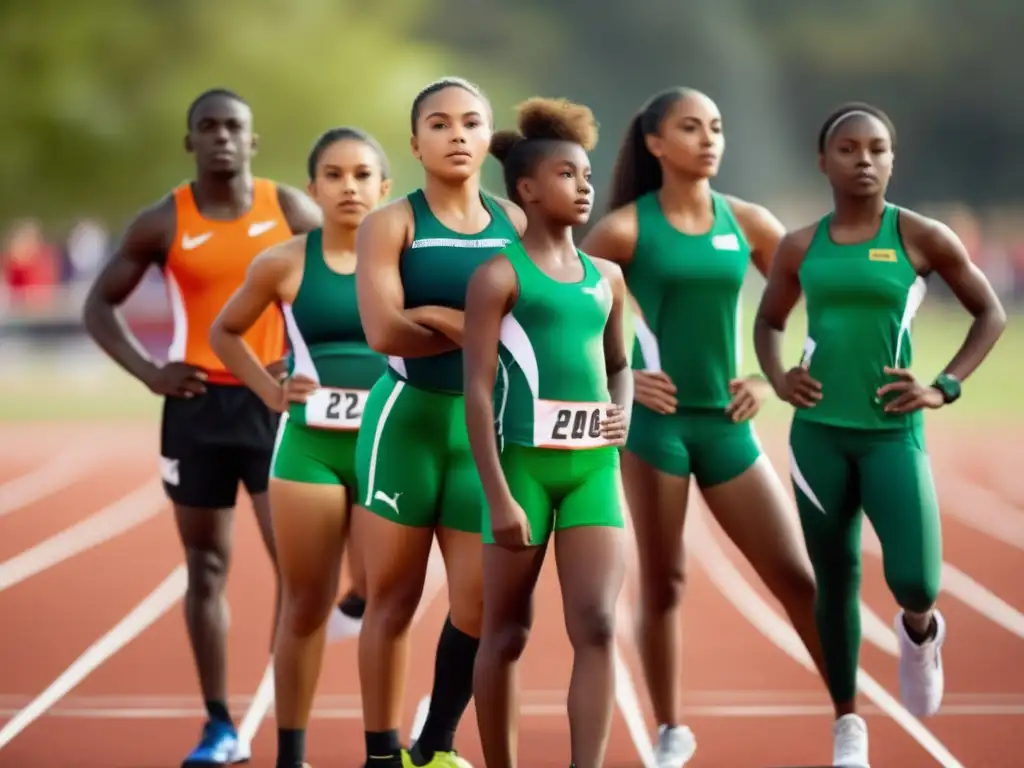 Un grupo de jóvenes atletas en activewear vibrante se prepara para una carrera en una pista soleada. <b>La atmósfera está llena de determinación y energía, con el verde vibrante de la pista y los colores llamativos de sus uniformes destacando la escena.</b> Los músculos definidos de los at